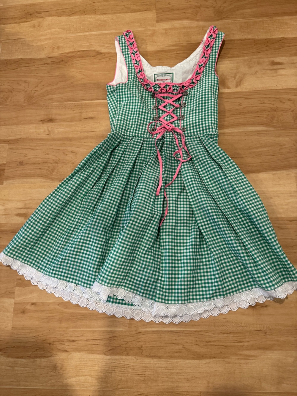 Green Gingham and Pink Lace Up Oktoberfest Dress with Metal Buttoning XS